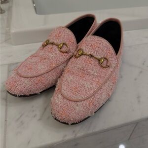 Gucci Pink Tweed Loafers with Gold Hardware